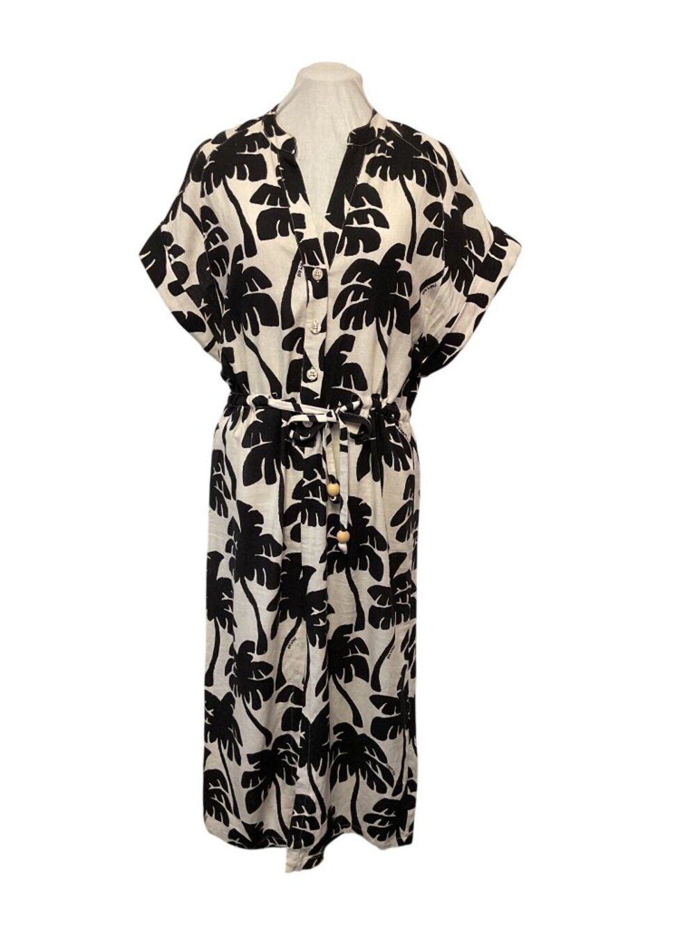 Black & White Palm Print Button-Down Midi Dress With Waist Tie SMF Size S Linen